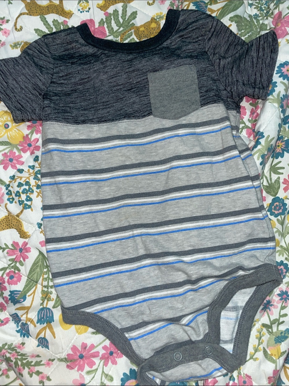 okie dokie Gray Striped Pocket Baby Bodysuit